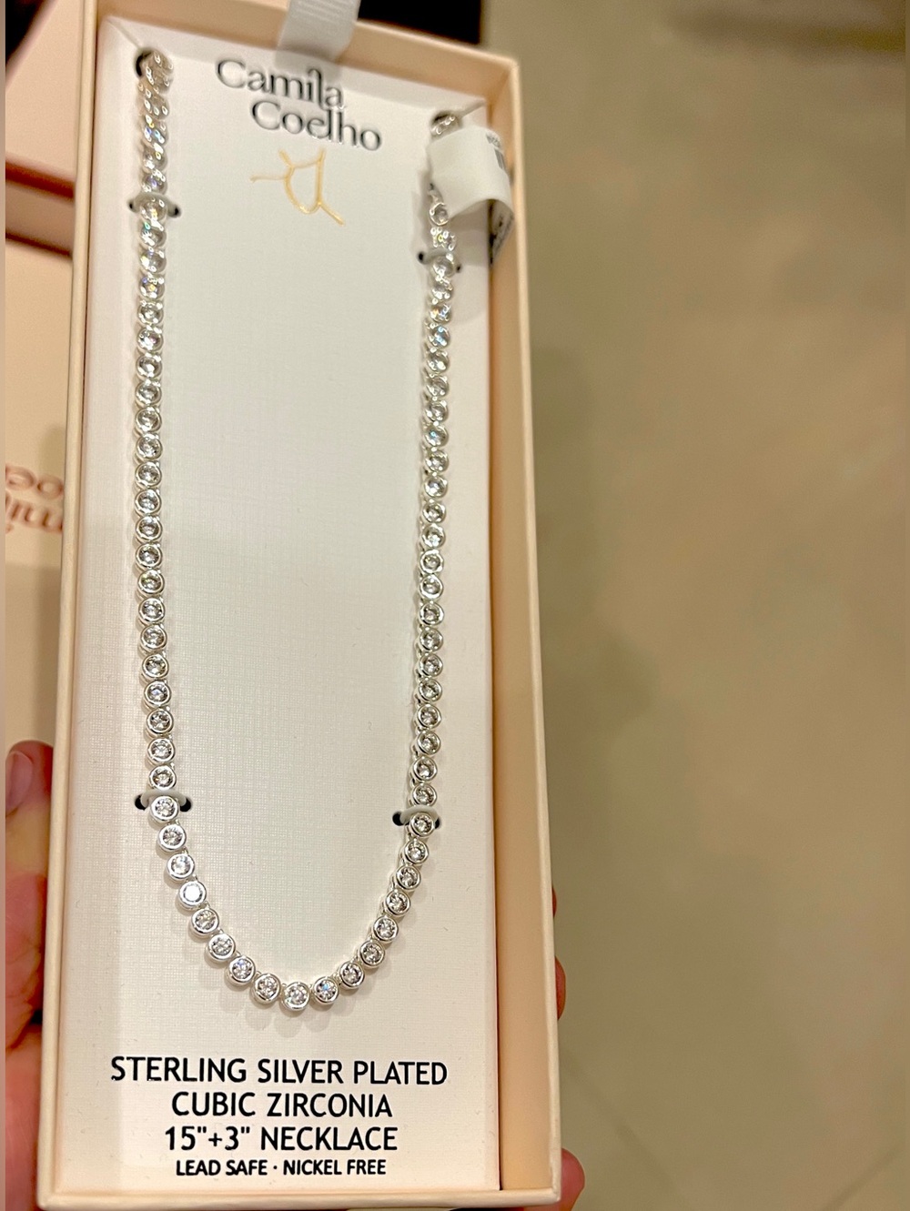 Camila Coelho 15”+3” Sterling Silver PLATED Cubic Zirconium tennis necklace NWT